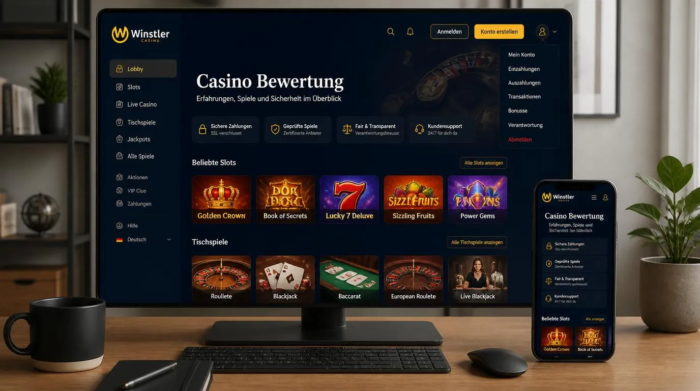 Moderne Casino-Website mit Spielkategorien, klarer Navigation und übersichtlichem Nutzerkonto