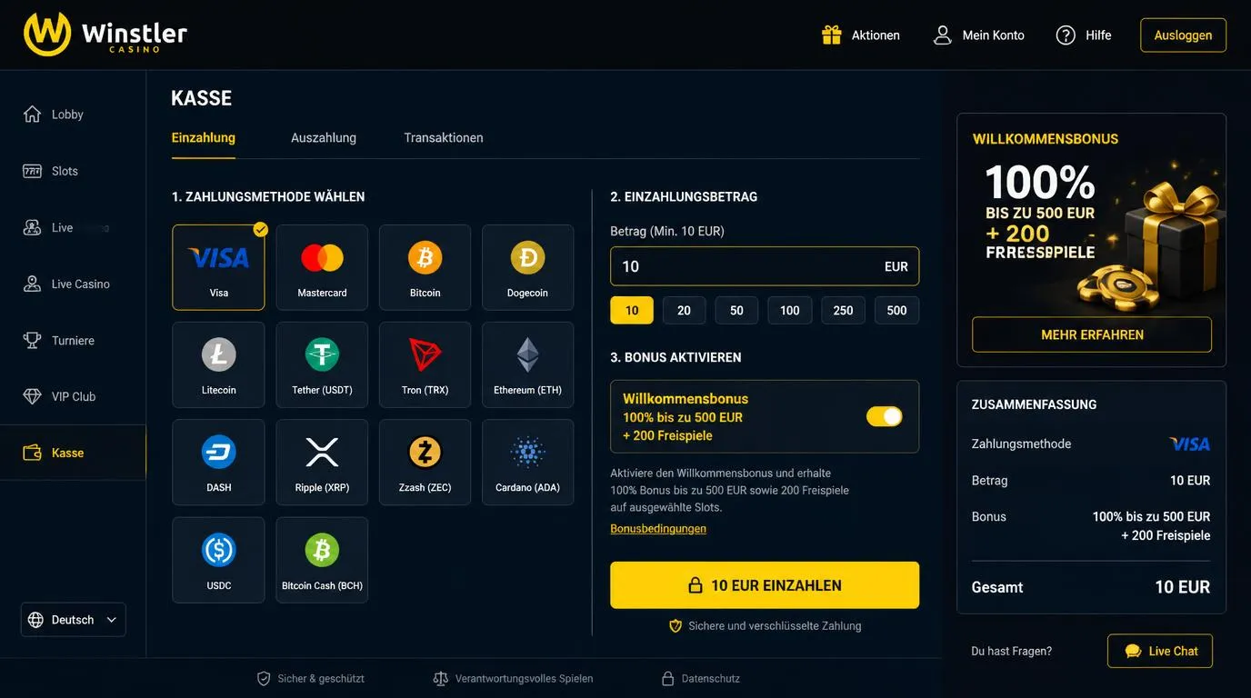 Kassenansicht mit Willkommensbonus, Einzahlung von 10 Euro und Auswahl von Karten sowie Kryptowährungen