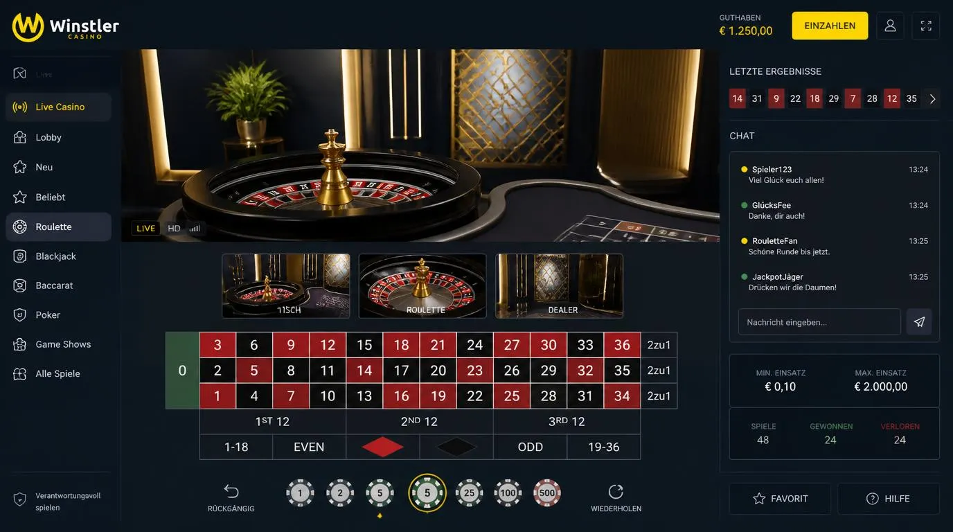 Live-Casino Oberfläche mit Roulette-Tisch, Dealer-Stream, Chatfenster und übersichtlichen Einsatzfeldern