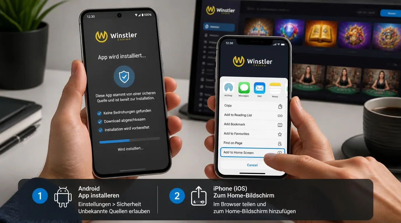 Smartphone mit Casino-Startbildschirm und Browser-Option zum Hinzufügen einer Website zum Home-Bildschirm