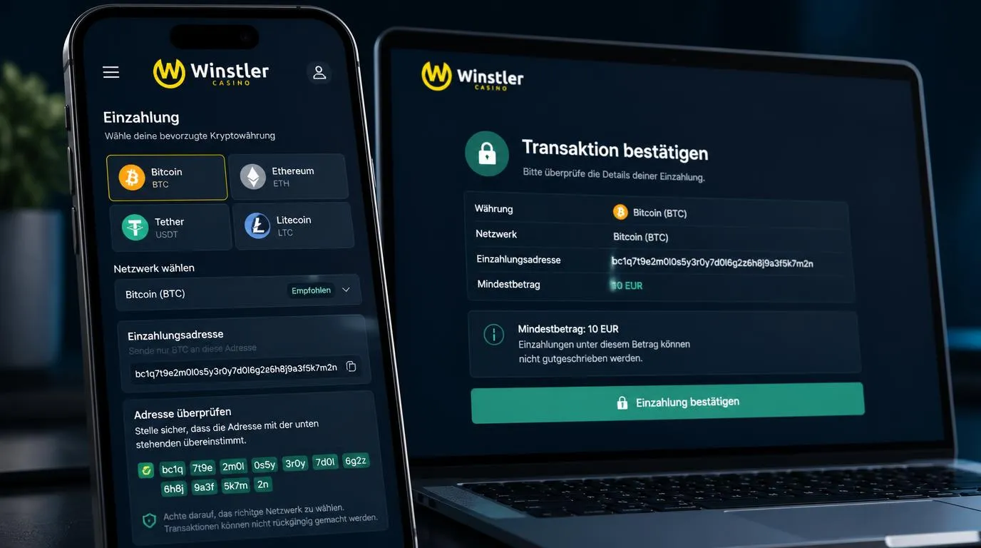 Krypto-Kassenbereich mit Wallet-Adresse, Netzwerkauswahl und Bitcoin-Zahlung auf einem Smartphone