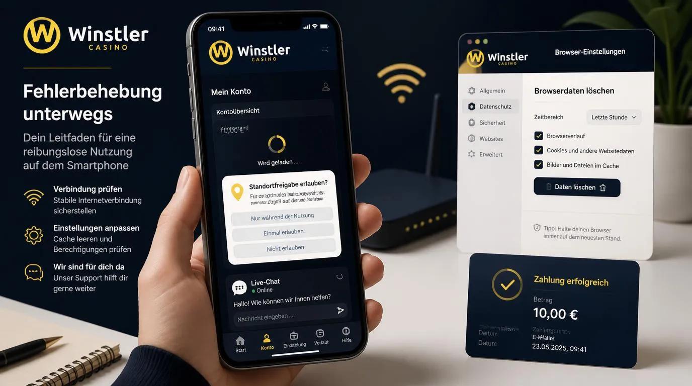 Smartphone mit Casino-App, Ladeanzeige, Standortfreigabe und aktivem Live-Chat für mobile Hilfe