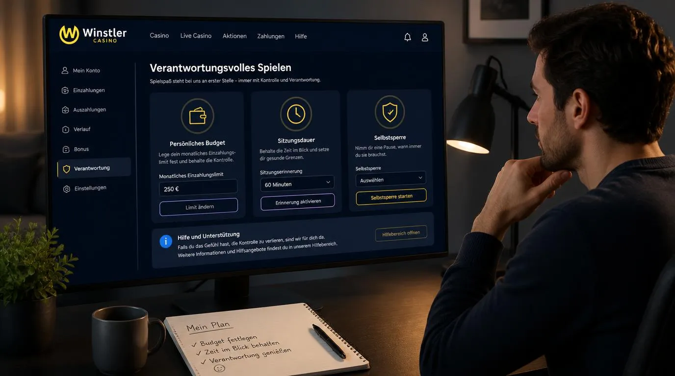 Moderner Casino-Webauftritt mit Hinweis auf persönliches Budget und bewusste Spielzeit
