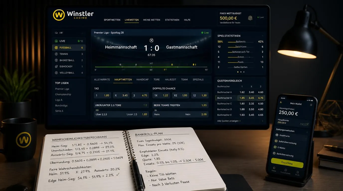 Sportwetten-Analyse mit Live-Quoten, Matchstatistiken und festem Einsatzbudget auf einem Bildschirm