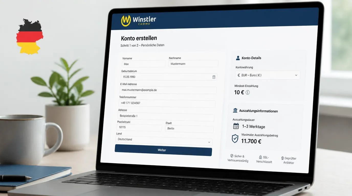 Registrierungsformular für ein Casinokonto mit hervorgehobenen Feldern für Kontowährung und Zahlungsdaten