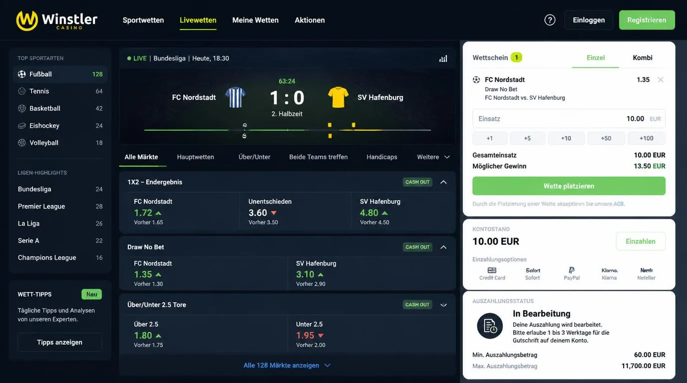 Sportwetten-Oberfläche mit Live-Quoten, Wettschein und Auswahl für Einzel- und Kombiwetten