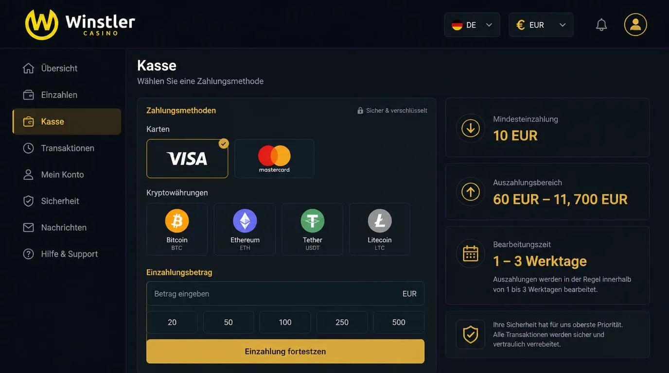 Kassenbereich eines Online-Casinos mit Karten, Kryptowährungen, Euro-Beträgen und deutscher Sprachwahl